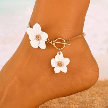 Imagem de Tornozeleira floral boêmia boho rosa branco preto flor OT fivela pé corrente tornozeleira feminina verão praia presente, Small, Metal, Sem Pedra Preciosa