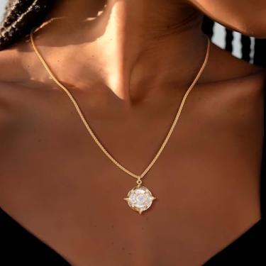 Imagem de Colar feminino banhado a ouro 14K com bússola de zircão cúbico e pingente delicado feito à mão, Medium, Latão, Sem Pedra Preciosa