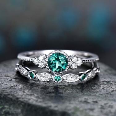 Imagem de Conjunto de 2 peças/conjunto de anéis de noivado requintados de zircônia cúbica verde banhada a ouro branco, alianças de compromisso, festas noturnas, presentes de dia dos namorados, alianças de