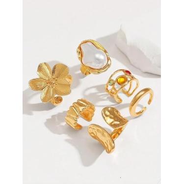 Imagem de Conjunto de 6 anéis de articulação de flores barrocas falsas pérola empilháveis estilo BOHO anel de juntas retrô moda férias de verão Havaí joias de praia acessórios vintage presente para mulheres