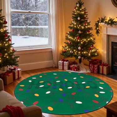 Imagem de jinchan Jingle Lights Tapete redondo de Natal para sala de estar 1,5 m círculo verde tapete de férias para quarto 1,5 m luzes coloridas impressas decoração de Natal tapete lavável para sala de jantar