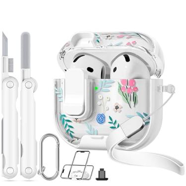 Imagem de Skyconser Capa com trava de segurança para Apple AirPods 4, capa floral transparente para AirPod 4ª geração com suporte de telefone e kit de limpeza para mulheres - flor laranja - framboesa