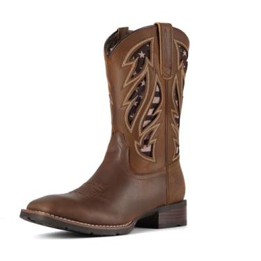 Imagem de SUREWAY Botas Western – Bota masculina de bico quadrado, botas Wellington de couro, bota de cowboy durável clássica antiderrapante com bico macio, Bandeira marrom, 38