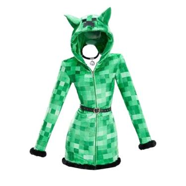 Imagem de Mobbunny Pijama feminino derivado de jogo cospaly de pelúcia para casa, vestido com capuz, estampa xadrez e cinto, Verde, M