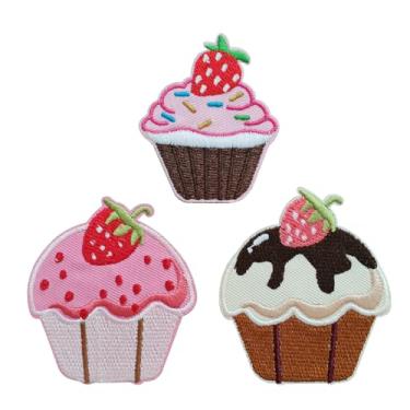 Imagem de KLORIZ 3 peças de cupcake de morango bordado a ferro no remendo infantil cupcake de desenho animado em crachá aplique de alimentos