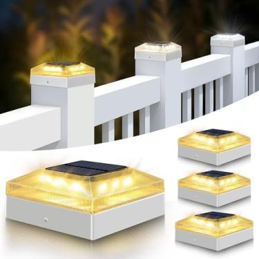 Imagem de vighep Luzes de poste solares 4 x 4 para ambientes externos – Pacote com 4 postes de cerca com 3 modos de cor, luzes de deck à prova d'água alimentadas por energia solar para postes de madeira/vinil