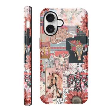 Imagem de Vulfwela Capa para iPhone 17 de 6,3 polegadas, colagem boho, ocidental, 2 em 1, vintage, rosa, chapéu de caubói cavalos, cabeça de touro, floral, capa de telefone country oeste, à prova de choque