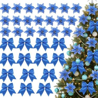 Imagem de Giegxin Pacote com 48 laços de Natal com glitter e flores de poinsétia com glitter para escadas, corrimão, guirlanda, guirlanda, árvore de Natal, decorações de festas de fim de ano, suprimentos (azul)