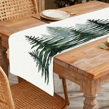 Imagem de Caminho de mesa de Natal 33 x 91 cm - Decoração de mesa de jantar de cozinha de inverno para decoração de casa, árvores cobertas de neve em aquarela impressa com neve caindo para decoração de férias