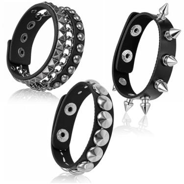Imagem de 3 peças cravejadas pretas cravadas emo punk gótico spike conjunto de punho de couro ajustável pulseira punk rock para homens mulheres 80 joias festa boate