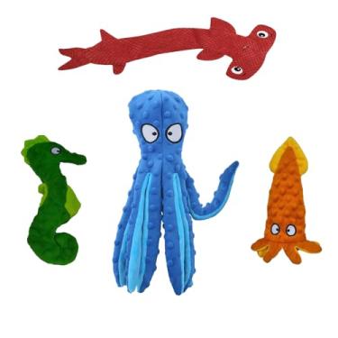 Imagem de Pacote com 4 brinquedos para cães Ocean Series inclui polvo, tubarão, cavalo-marinho, lula. Estes brinquedos de pelúcia sem enchimento são duráveis e enrugados para diversão extra, tornando-os ideais