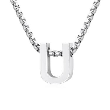 Imagem de VULETO Colar com letra A-Z com inicial A-Z, presente para meninos e homens, pingente de letra de aço inoxidável, enfeites de Natal, joias de aniversário, ideias de presentes para adolescentes e