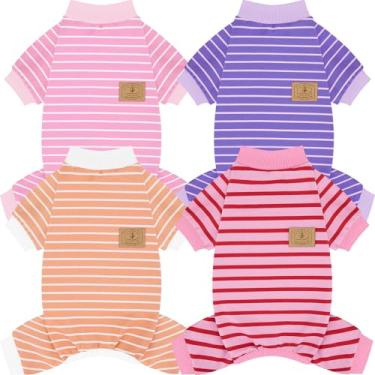 Imagem de XPUDAC Pacote com 4 pijamas para cães listrados, roupas para cães pequenos, médios, meninas, meninos, roupa confortável para filhotes, macacão para cachorro, fantasia, roxo, rosa, laranja, M