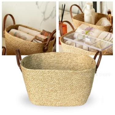 Imagem de Cesta Organizadora de Palha com Alça de Couro – Cesto Decorativo Multiuso para Organização de Casa, Sala, Banheiro e Quarto