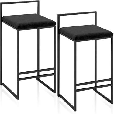 Imagem de Cadeira De Jantar | Bancos De Bar De Metal Preto Com Encosto Completo, Assento De Flanela Com Apoio Para Os Pés E Encosto, Balcão De Cozinha De Sala De Café De Pub, Black, set of 2 65cm