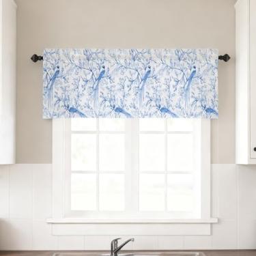 Imagem de LeLehome Saia de janela, 45,7 cm C x 137,2 cm L cortina curta vaso sanitário flores azuis esboço pássaros de cauda longa bolso floral haste para cozinha, banheiro, quarto, decoração de casa, 1 painel