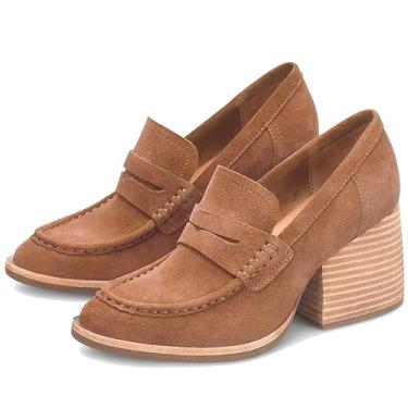 Imagem de MOOMMO Mocassins femininos com plataforma grossa, bico redondo, fechado, sem fecho, mocassins, camurça, bloco de camurça, sapatos Oxford, formal, clássico, salto grosso, vestido, mocassim para