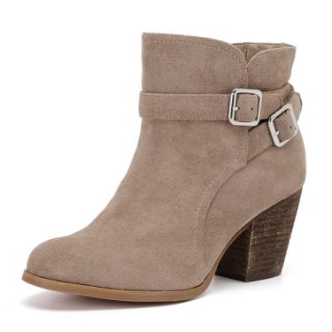 Imagem de Luoika Botas femininas de cano curto de largura larga - Botas curtas pretas e marrons com bloco de salto baixo com zíper lateral., Bege 1203, 9.5 X-Wide