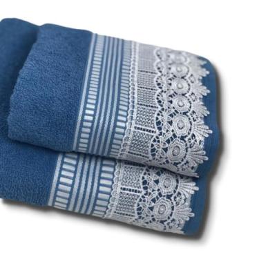 Imagem de Jogo 2 Peças Toalha Banho e Rosto Ouro Gigante com Renda Guipir 100% Algodão Premium – Maciez e Elegância (Azul)