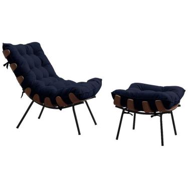 Imagem de Poltrona e Puff Abel Base de Madeira Preto Veludo Azul