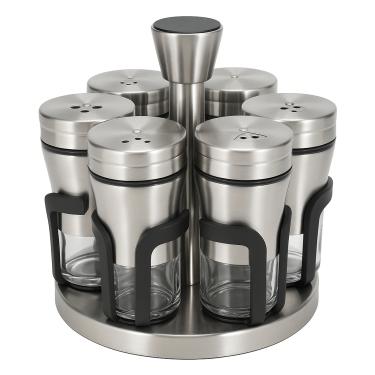 Imagem de Porta Temperos Giratório Inox com 6 Potes de Vidro Com Visor Design Sofisticado Premium