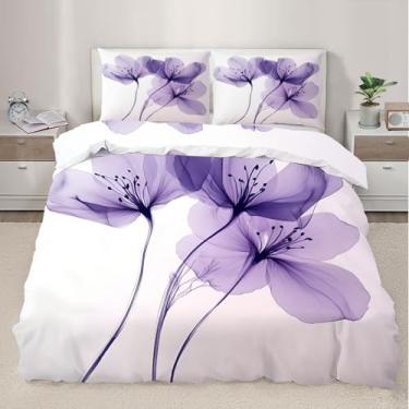 Imagem de QINYUN Capa de edredom floral, roxo, tamanho Queen, conjunto de cama de 3 peças, decoração de quarto, abstrata, aquarela, capa de edredom e 2 fronhas com fecho de zíper