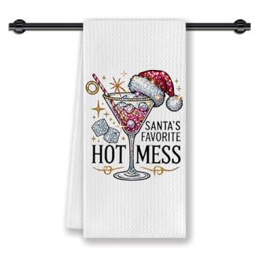 Imagem de CosxHabitat Toalhas de prato de cozinha de Natal Martini com glitter, presentes para amantes de coquetéis de Martini, decoração de bar de Natal, toalhas de chá de mão de bagunça quente favoritas do