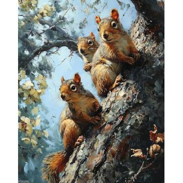 Imagem de XTXGERL Pintura por número para adultos, esquilos subindo tronco de árvore, pintura a óleo para iniciantes, kit de pintura acrílica faça você mesmo para presente de decoração de quarto, 40 x 50 cm