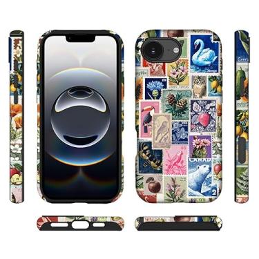 Imagem de ilikediy Capa híbrida para iPhone 16E com 2 camadas rígidas de silicone com estampa protetora - colagem de carimbo retrô