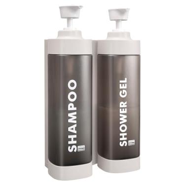 Imagem de Dispensador de xampu e condicionador para parede de chuveiro, dispensador de sabonete corporal sem broca manual PET montado na parede para decoração de banheiro - 500 ml x 2 (N-862 escuro claro)