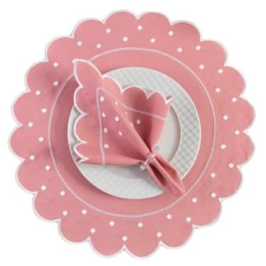 Imagem de Kit Mesa Posta Jogo Americano Bordado com Guardanapo, 12 Peças 6 Lugares, Poá em Oxford Engomado, Sousplat, 50x35cm (Rose)