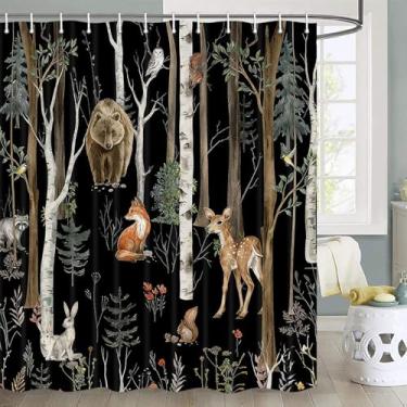 Imagem de JAWO Cortina de chuveiro de floresta rústica, cabana de cabana floresta, animais selvagens, campistas, acampamento, conjunto de banheiro com ganchos, 182 x 213 cm, preta