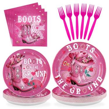 Imagem de Greencian 96 peças de decorações de botas no chão, pratos e guardanapos de vaqueira selvagem ocidental, decorações de botas de vaqueira rosa, lembrancinhas para meninas, tema ocidental, aniversário