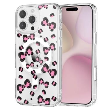 Imagem de OFQKOAKS Capa para iPhone 16 Pro Max, compatível com MagSafe, linda capa de telefone com laço rosa e leopardo, capa protetora magnética transparente para mulheres e meninas