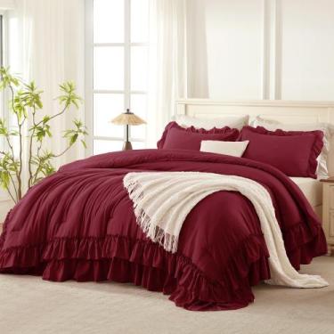 Imagem de Conjunto de roupa de cama Andency Full Burgundy Ruffle Soft Lightweigh