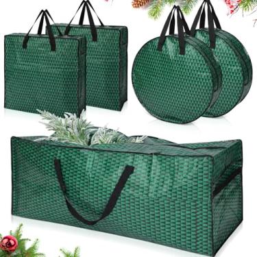 Imagem de Simgoing Pacote com 5 sacos de armazenamento de árvore de Natal grande guirlanda de Natal bolsa de transporte com alça zíper armazenamento resistente para recipiente verde elegante de Natal artificial