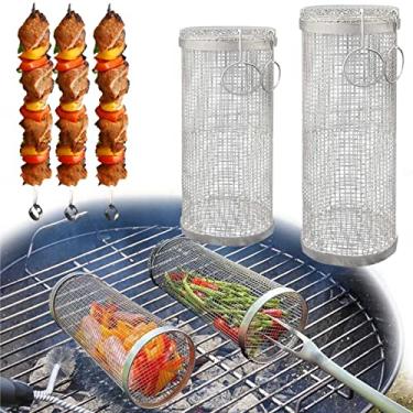 Imagem de Cesta de grelha rolante, cesta de grade cilíndrica de malha de aço inoxidável, para vegetais, camarão, peixe, acessório para grelhar