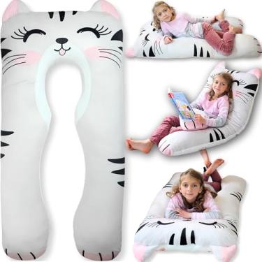 Imagem de Travesseiro de corpo infantil de gato – Travesseiro de pelúcia longo em forma de U de animal macio para crianças, dormir, ler, TDAH e necessidades especiais conforto, ansiedade, capa lavável, almofada
