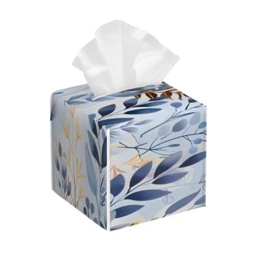 Imagem de Capa quadrada de couro para caixa de lenços à prova d'água com folhas primavera retrô organizador de papel facial com cinto inferior cubo estojo de lenços para mesa, banheiro, escritório, mesa, carro