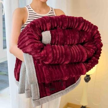 Imagem de Cobertor de lã, cobertor e mantas pesado, fofo, feminino, masculino, adulto, cachecol longo duplo para sofá, inverno, grosso e quente, macio e confortável, lavável na máquina (vermelho, 150 x 200 cm)