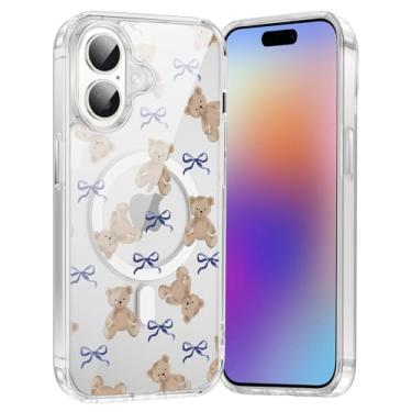 Imagem de FBHGLOA Capa de telefone para iPhone 17 de 6,3 polegadas com lindo nó de laço, compatível com MagSafe, design de urso de fita estética, à prova de choque, antiamarelamento, capa magnética transparente