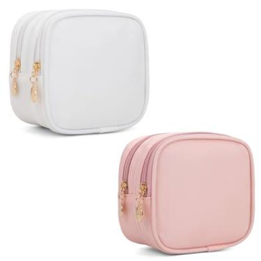 Imagem de XIAOLER Bolsa de maquiagem pequena, bolsa de cosméticos com zíper duplo, bolsa de maquiagem de viagem, linda bolsa de maquiagem para bolsa, mini bolsa de higiene pessoal, Branco + rosa, Todo mundo