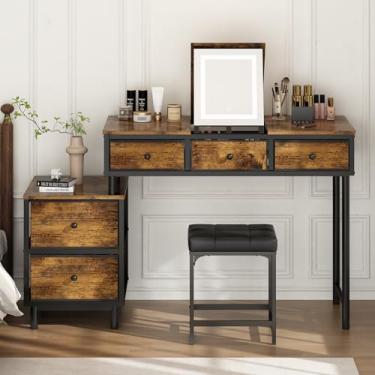 Imagem de Penteadeira com Espelho, Penteadeira Escrivaninha com 5 Gavetas para Armazenamento Amplo, Penteadeira Camarim, Escrivaninha com Penteadeira