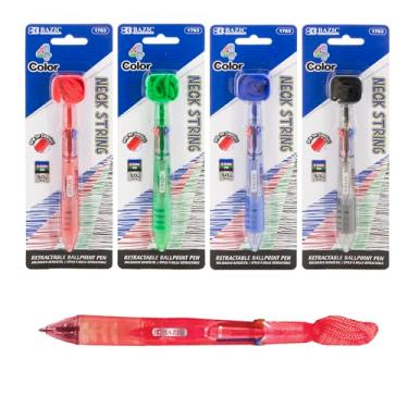 Imagem de BAZIC Products Caneta esferográfica de 4 cores com cordão de pescoço e aderência macia, escrita suave de ponta ousada de 1,0 mm, para professores de escritório, escola (1/pacote), pacote com 4