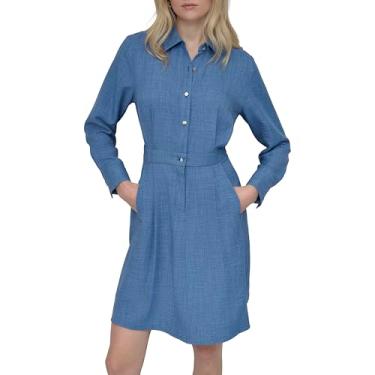 Imagem de DKNY Minivestido feminino de manga comprida com gola e botão frontal, Azul oceano, 46