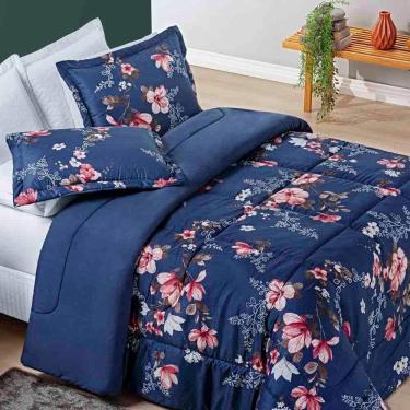 Imagem de Kit Edredom Celi Queen Dupla Face Micropercal 200 Fios 3 Peças - Azul Marinho Floral