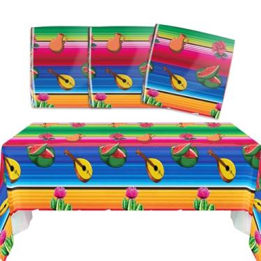 Imagem de KARAQY 4 peças de toalhas de mesa mexicanas Lotería, 140 x 270 cm, toalha de mesa descartável com listras florais mexicanas, decorações de festa da loteria para o Dia dos Mortos, Cinco de Mayo, Festa