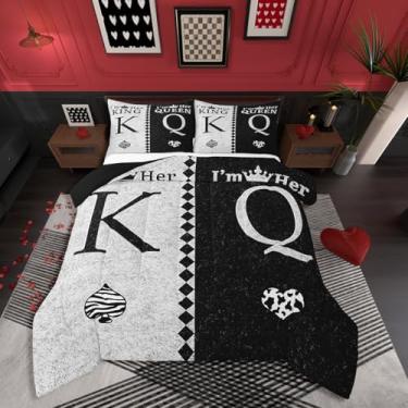 Imagem de Erosebridal Conjunto de cama king size com coroa de rei e rainha, romântico, preto e cinza claro, para casal, presente de casamento, presente de casamento, leopardo, geométrico, losango, enchimento