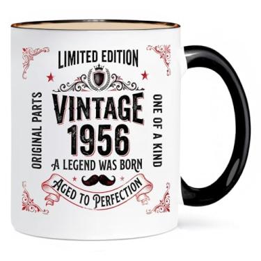 Imagem de ONRRI Caneca de café de cerâmica vintage 1956 de 325 ml com interior e alça pretos, impressão dupla face, pode ser lavada no micro-ondas e na lava-louças, presente de aniversário de 70 anos para