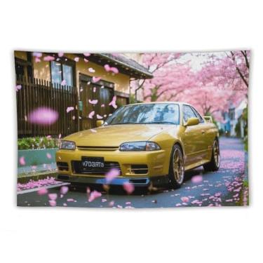 Imagem de HouLaiZhe JDM Tapeçaria de carro vintage R32 Jdm carro flores de cerejeira rua pendurar na parede quarto decoração de casa tapeçarias estética piquenique decoração de parede arte de parede para